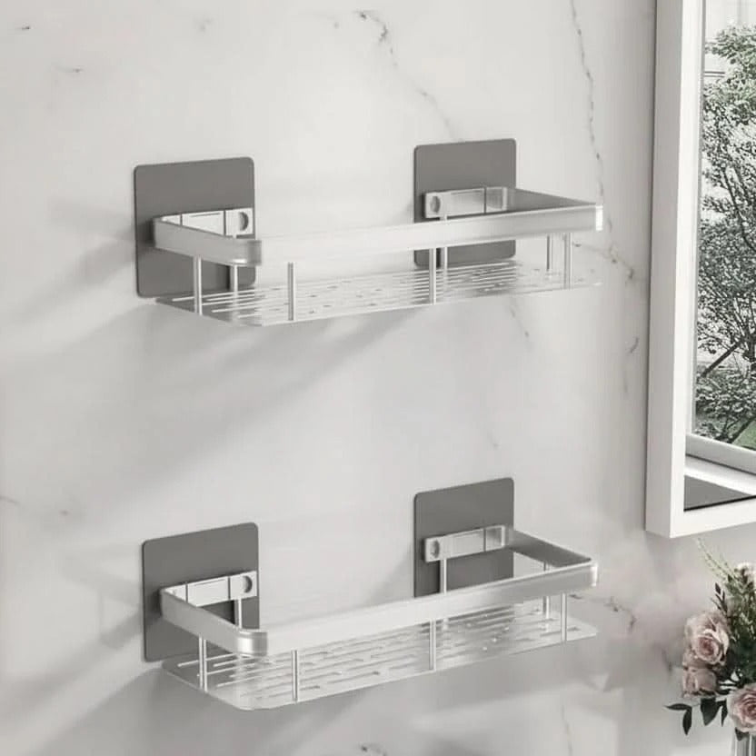 Adhesive Shower Shelf, No Drilling, Black or Silver