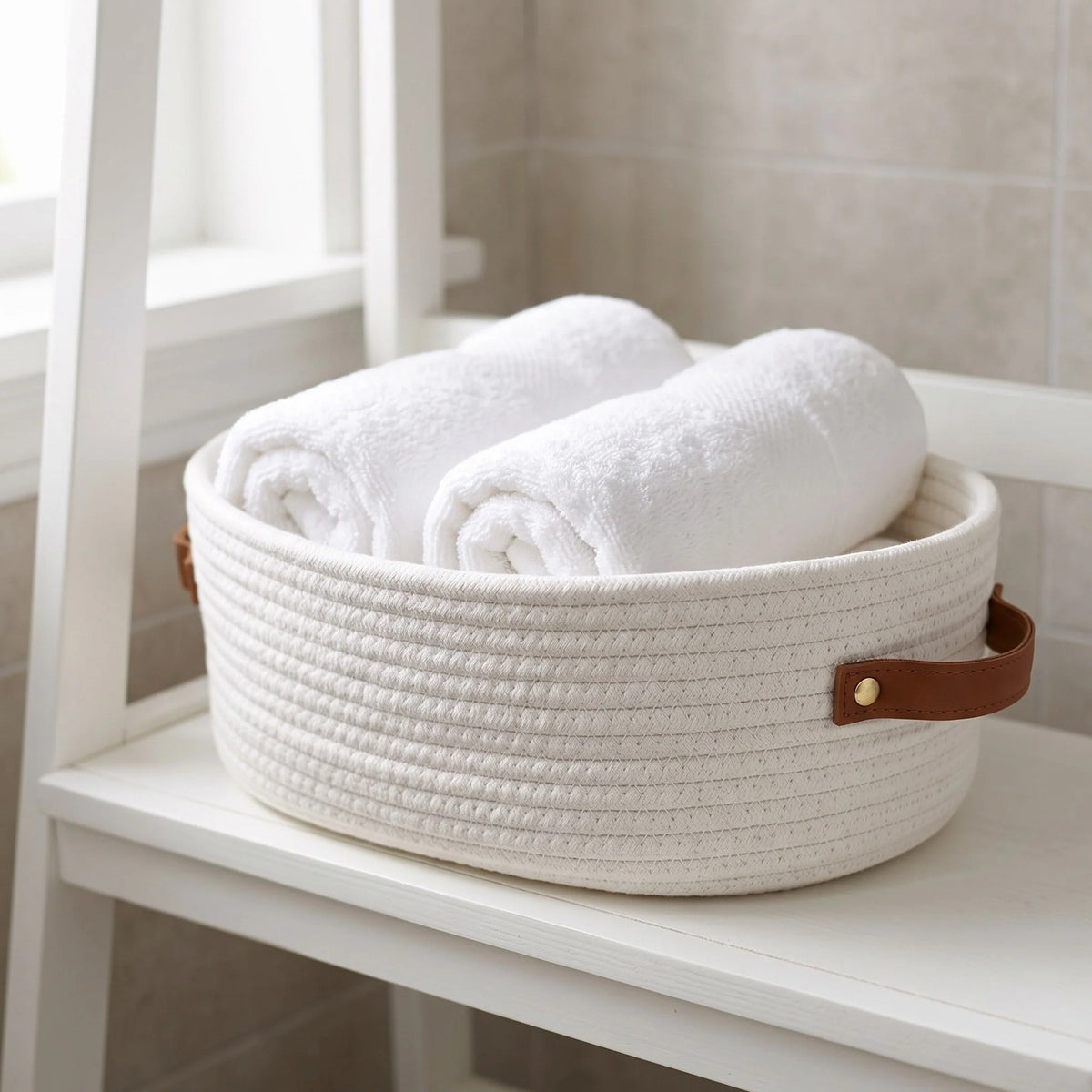 Oval Woven Cotton Rope Storage Basket with Handles