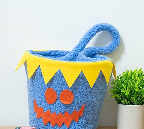 Plush Halloween Candy Basket with Pumpkin Face, Blue