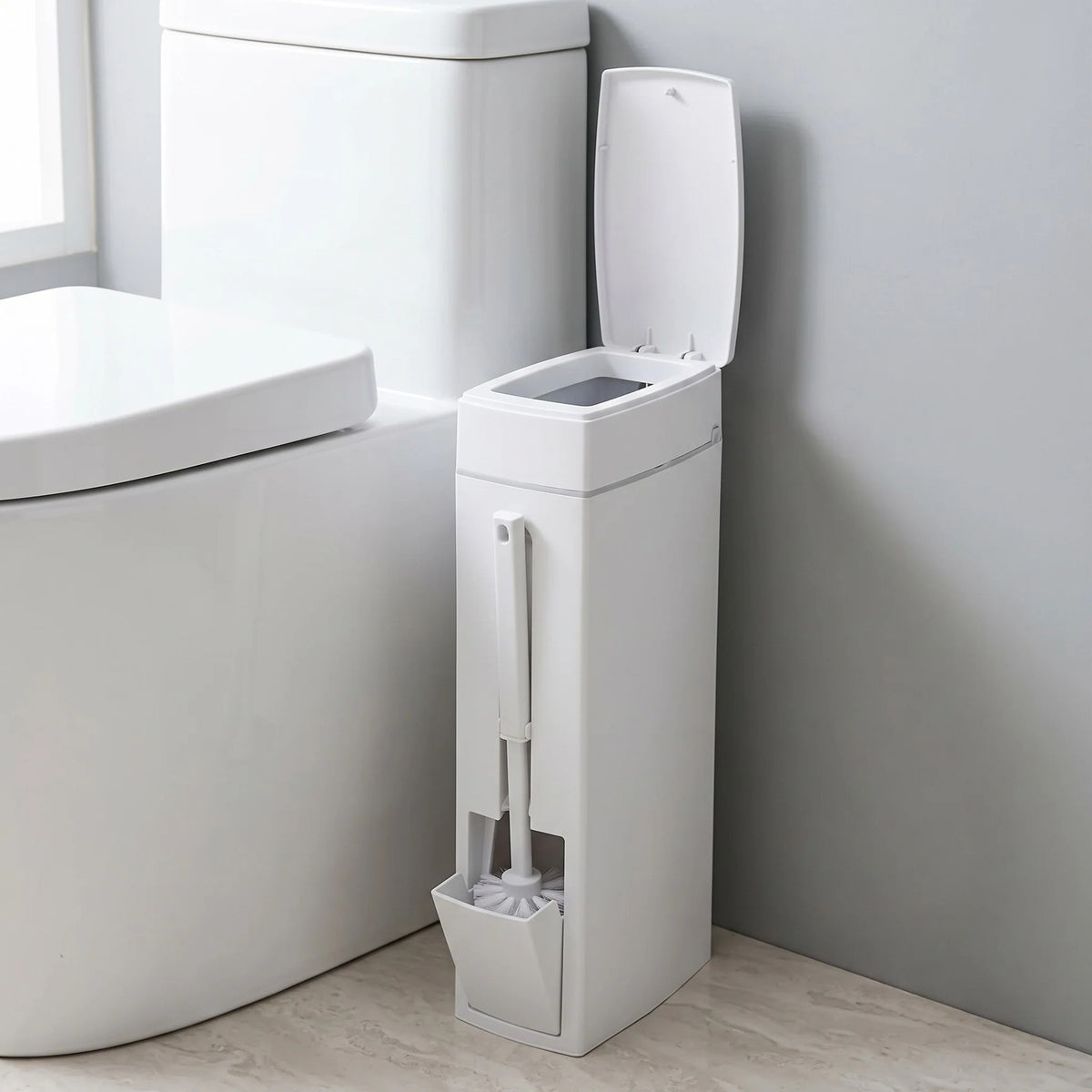 Slim Bathroom Bin with Built-In Toilet Brush
