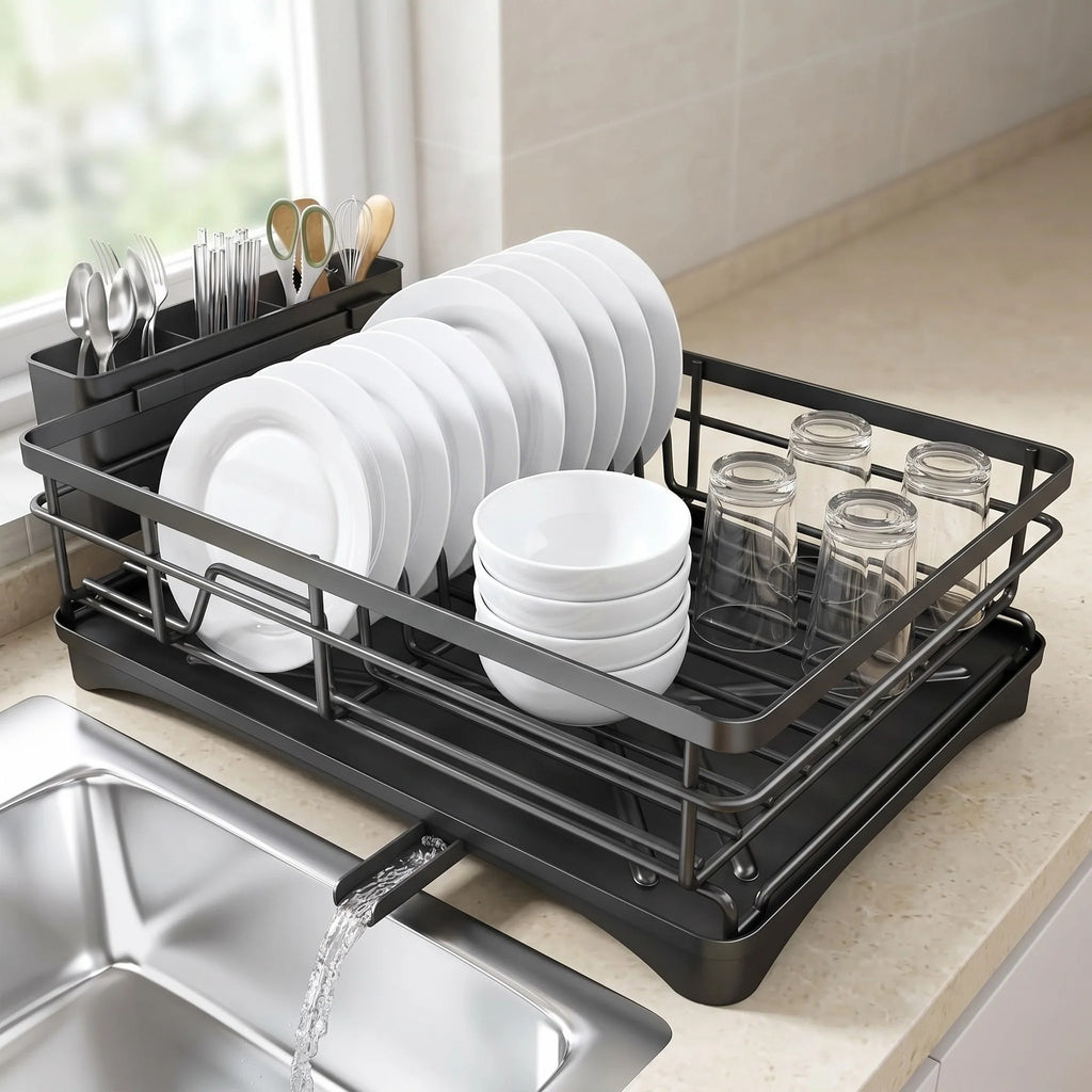 Stainless Steel Dish Rack with Drip Tray and Cutlery Holder