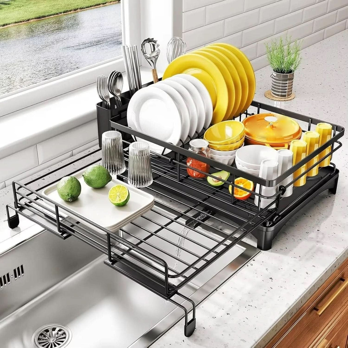 Stainless Steel Dish Rack with Drip Tray and Cutlery Holder