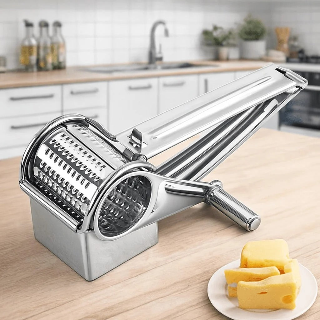 Stainless Steel Rotary Cheese Grater with Interchangeable Drums